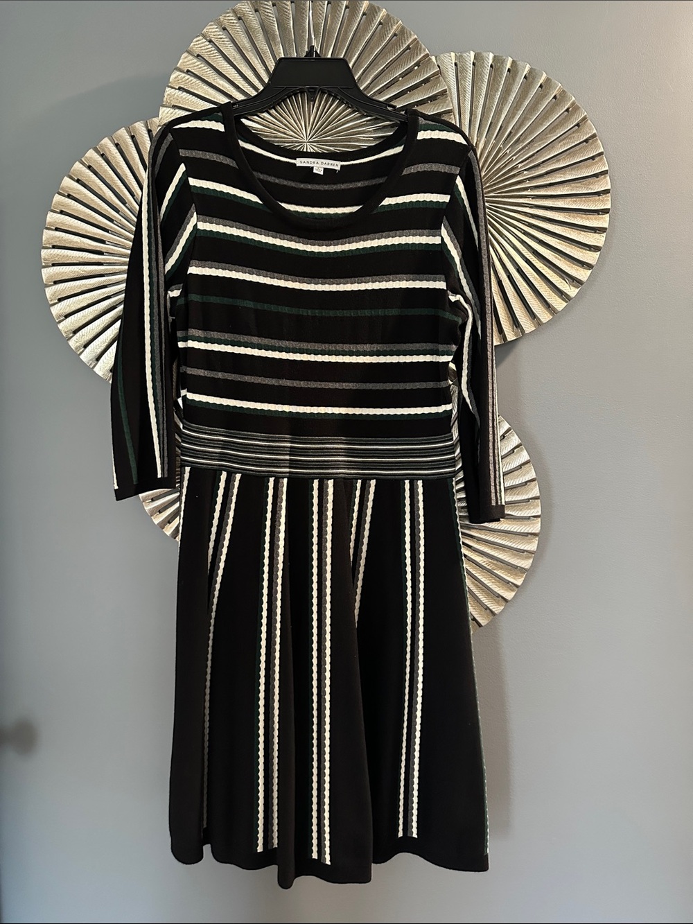 Sandra Darren Black and White Striped Knit Fit-and-Flare Dress